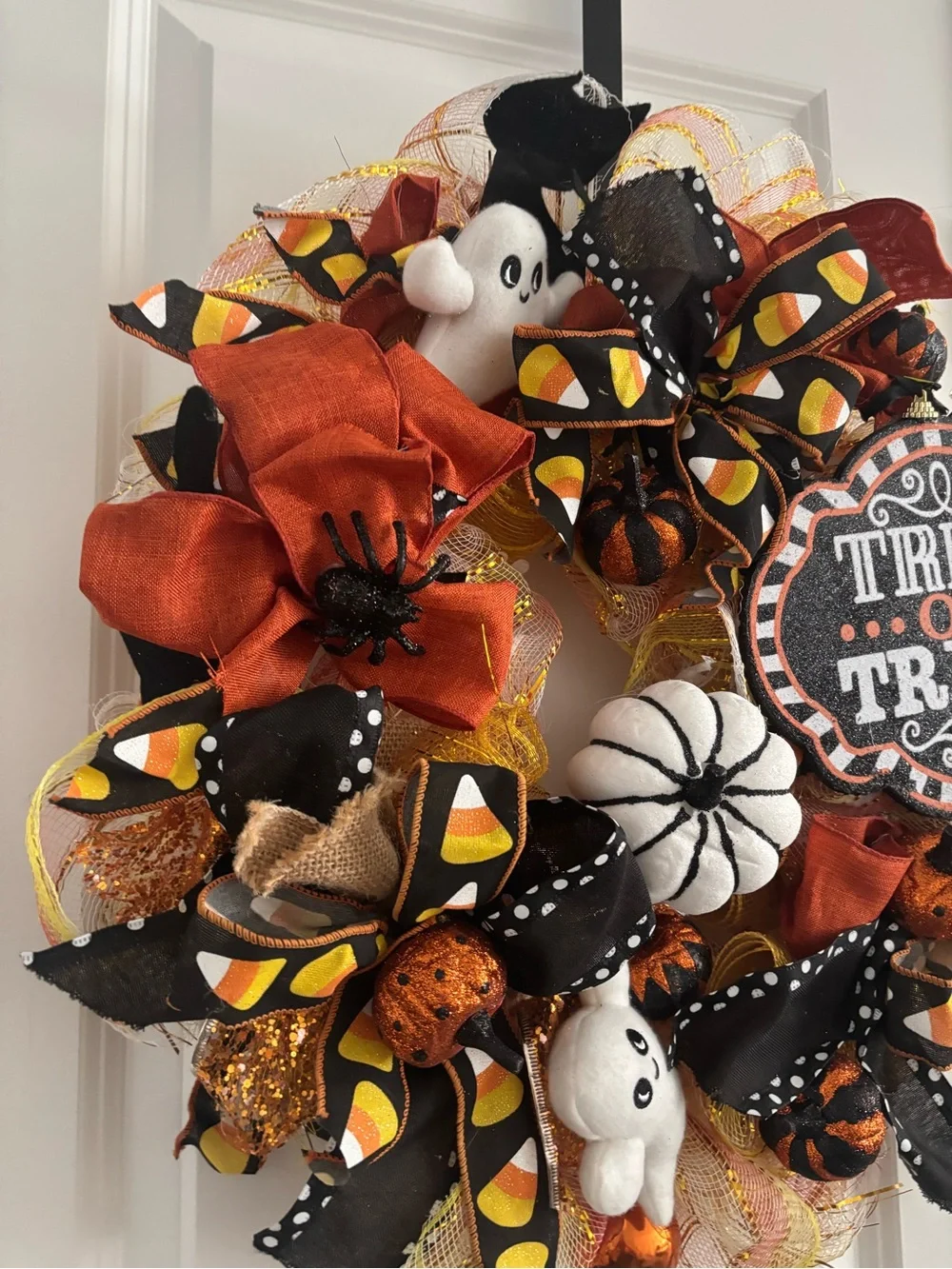 Handmade Halloween Trick or Treat Wreath Ghosts Orange Black White Final Sale
